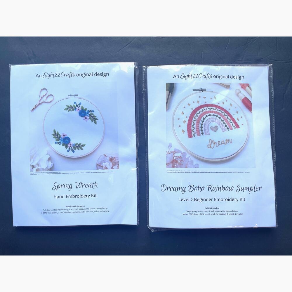Set of 2 New Eight22Crafts Embroidery Kits Spring Wreath & Boho Rainbow Sampler